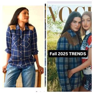 Faherty Jenner Vogue Daly Blue Plaid Preppy LuxContrast Patch Blanket Shirt L